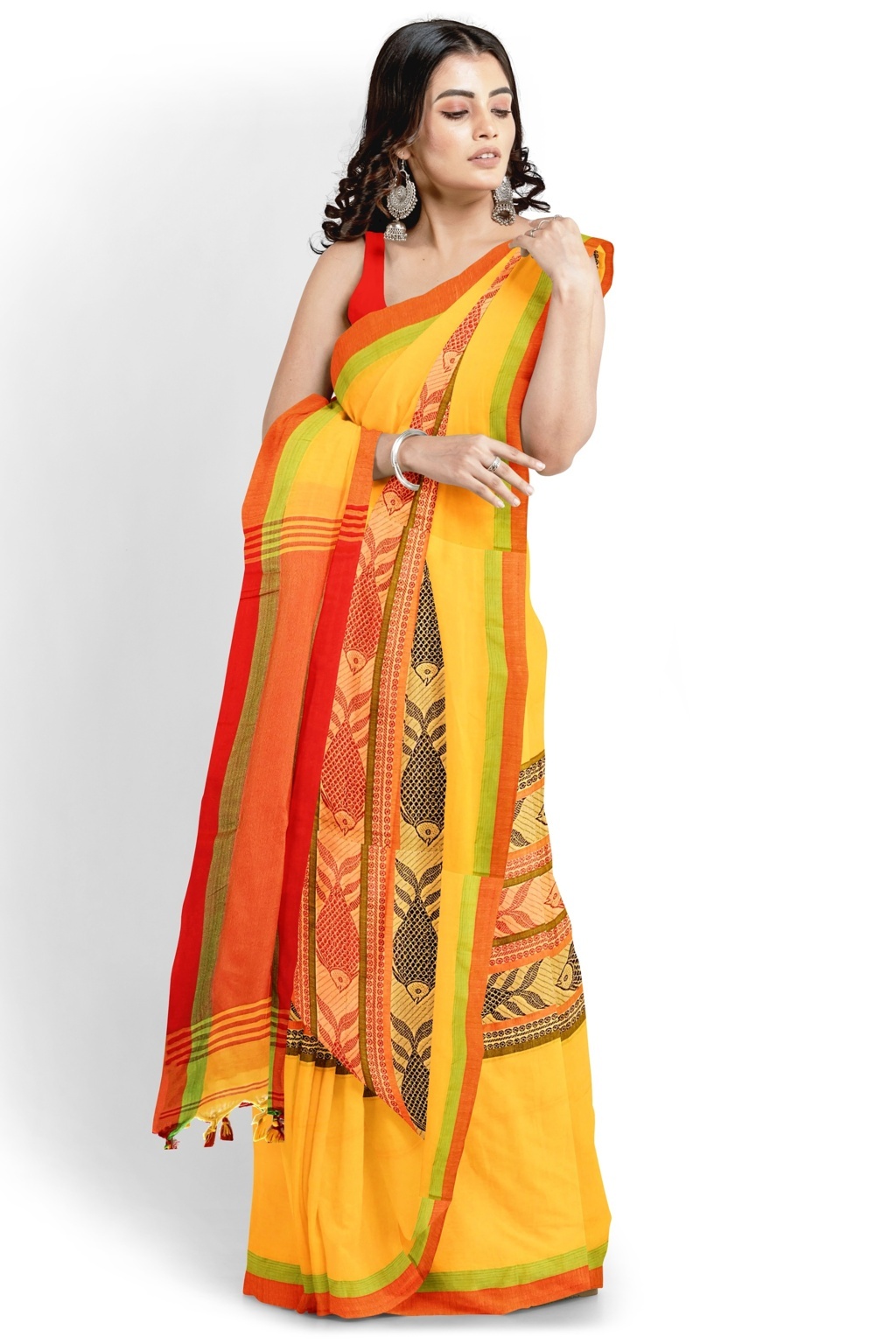 Yellow Red Pure Cotton Marine Hand Loom Saree (1279)